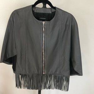 THE PERFEXT Charcoal Leather Fringed Cape/Jacket S